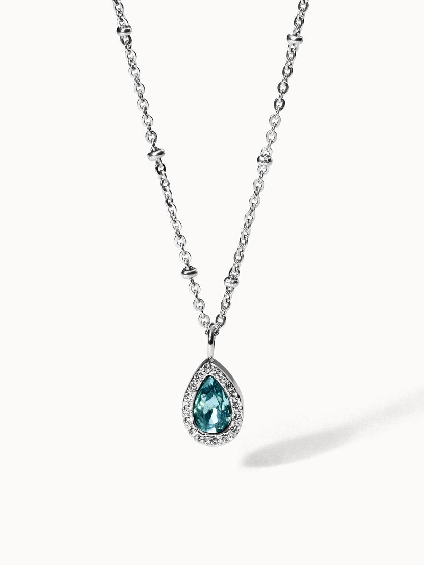 PURELEI Bellezza Kette mit aquamarinblauem Tropfenstein in Edelstahlfassung, elegant und zeitlos strahlend.