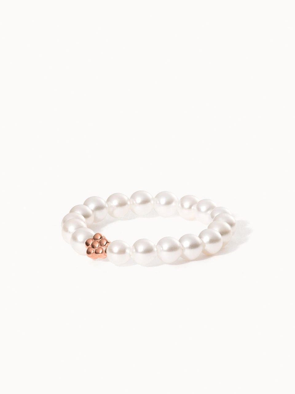 Anxiety Shiny Bloom Ring mit schimmernden Seashell-Perlen und roségoldener Blüte, elastisch von PURELEI.