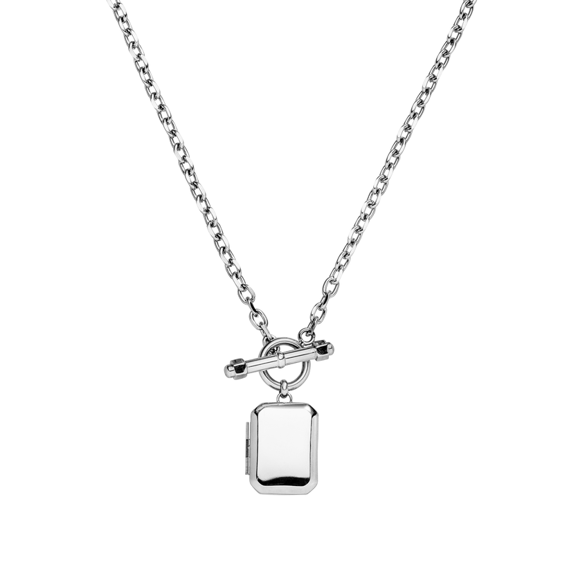 Silberne Kette mit rechteckigem Anhänger und Toggle-Verschluss von PURELEI, modern und elegant.