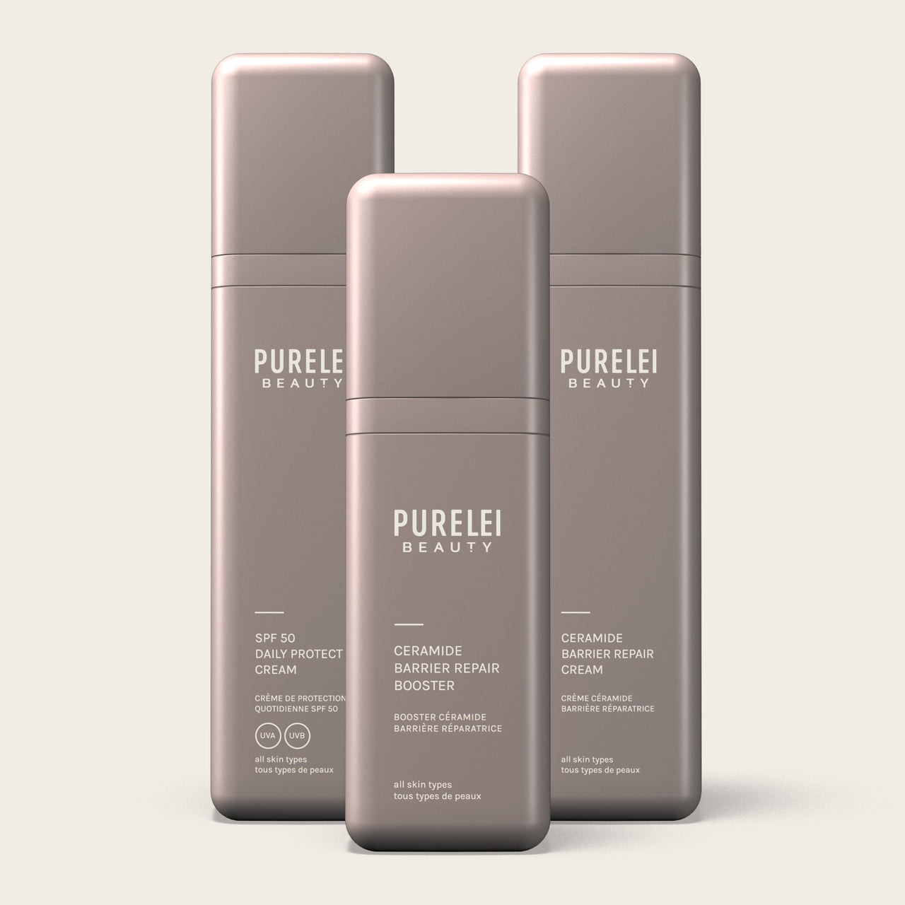 Protect and Hydrate Set von PURELEI in sanftem Beige mit SPF50, Ceramide Booster und Repair Cream für strahlende Haut
