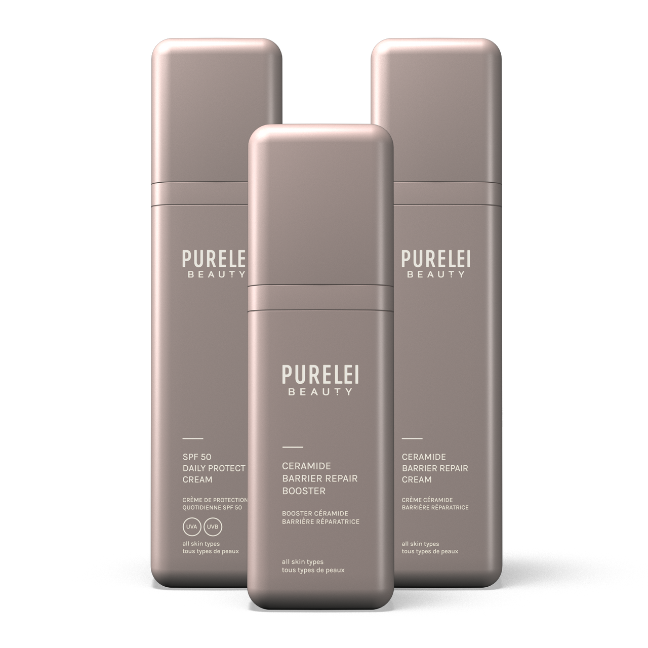 PURELEI Protect and Hydrate Set mit SPF50 Cream und Ceramide Booster in elegantem, mattiertem Design.
