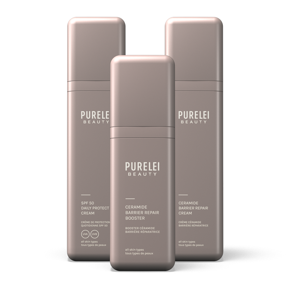 PURELEI Protect and Hydrate Set mit SPF50 Cream und Ceramide Booster in elegantem, mattiertem Design.