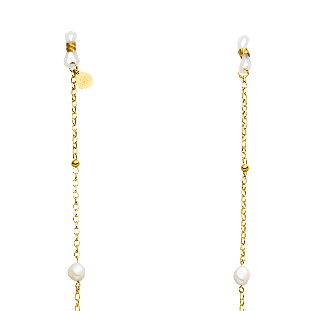 PURELEI Alima Brillenkette aus 18K vergoldetem Edelstahl mit schimmernden Keshi-Perlen, elegant und sommerlich.