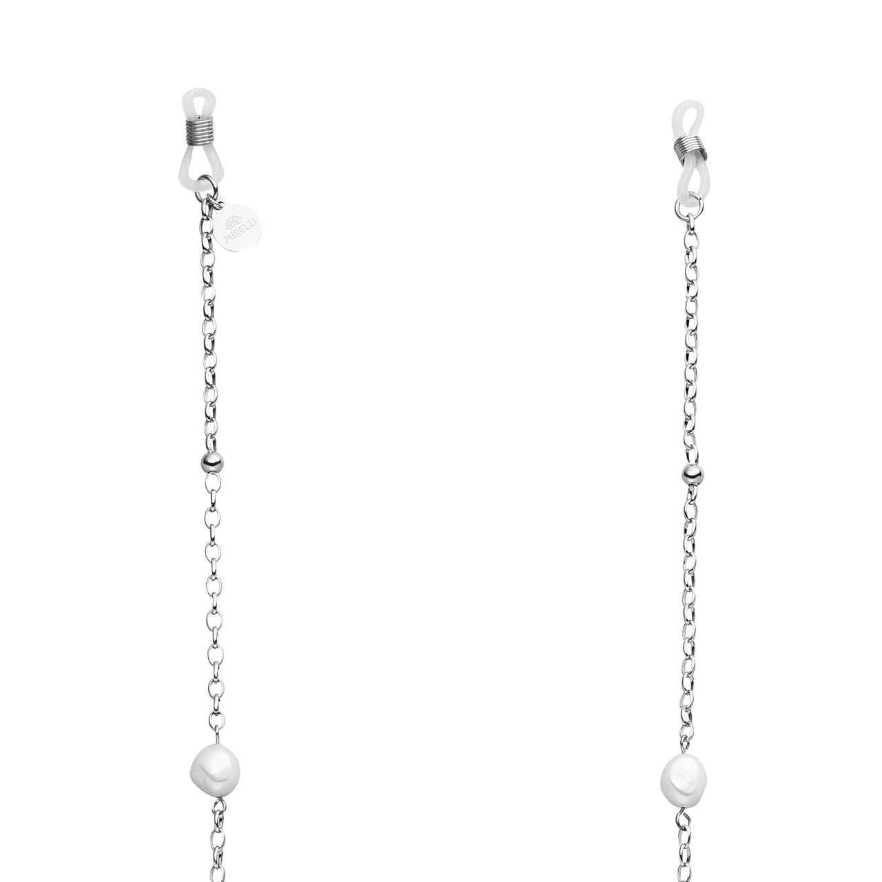 PURELEI Alima Brillenkette aus silberfarbenem Edelstahl mit schimmernden Keshi-Perlen, elegant und feminin.