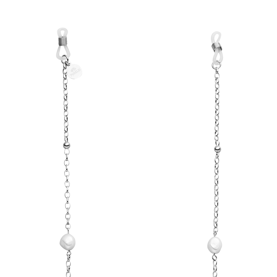 PURELEI Alima Brillenkette aus silberfarbenem Edelstahl mit schimmernden Keshi-Perlen, elegant und feminin.
