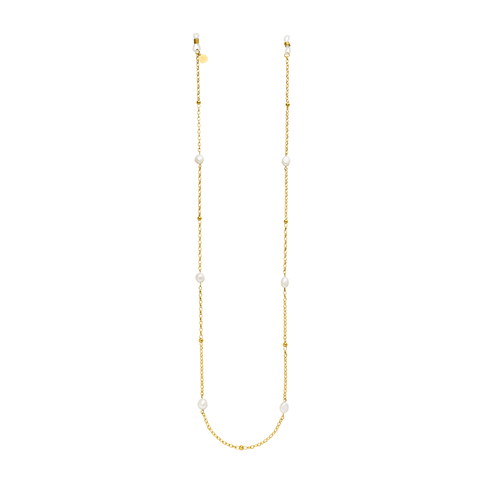 PURELEI Alima Brillenkette mit goldener Edelstahlkette und eleganten Keshi-Perlen, sommerlich leicht und feminin.
