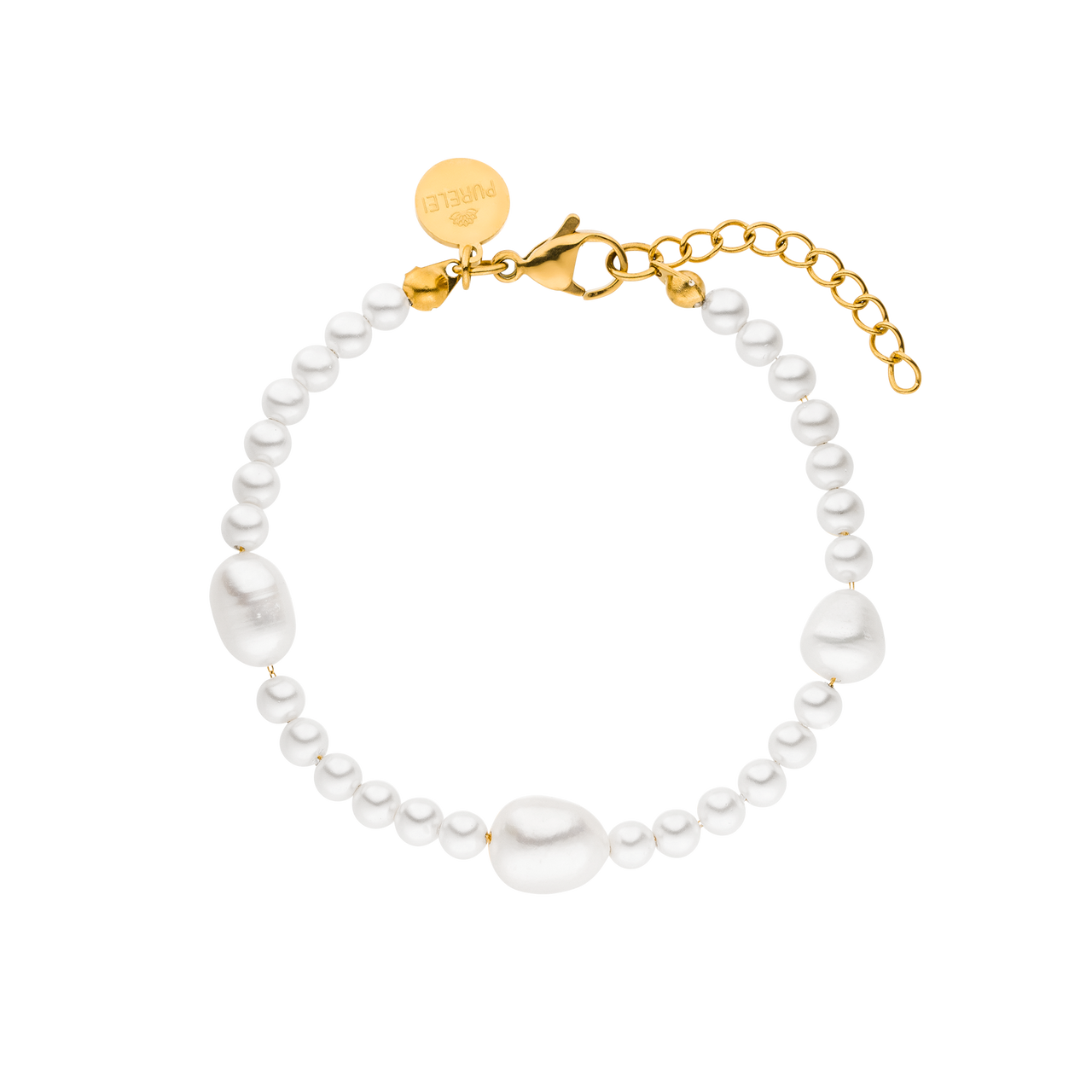 Glace Armband von PURELEI, goldvergoldet mit natürlichen Keshi- und Muschelperlen, elegant und feminin.