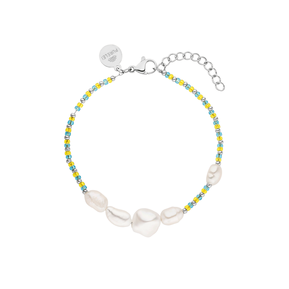 Blissful Armband von PURELEI mit Süßwasser- und Glasperlen in Blau-Gelb, Edelstahl, leicht und feminin.