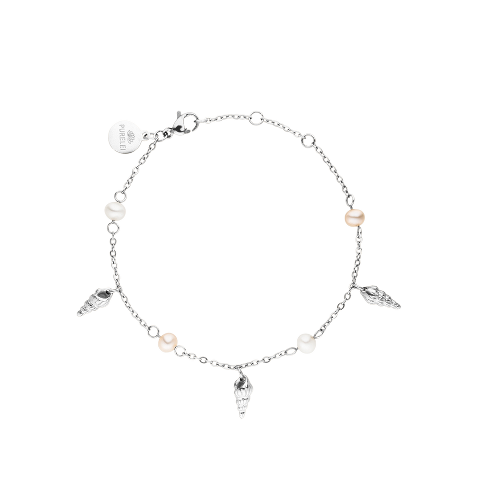 Akala Armband in Silber mit Muschelanhängern und echten Perlen, zart und feminin, PURELEI Design.