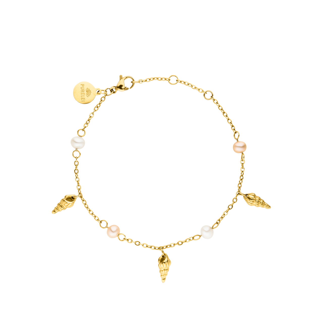 PURELEI Akala Armband aus goldfarbenem Edelstahl mit Muschel-Anhängern und echten Perlen, feminin und elegant
