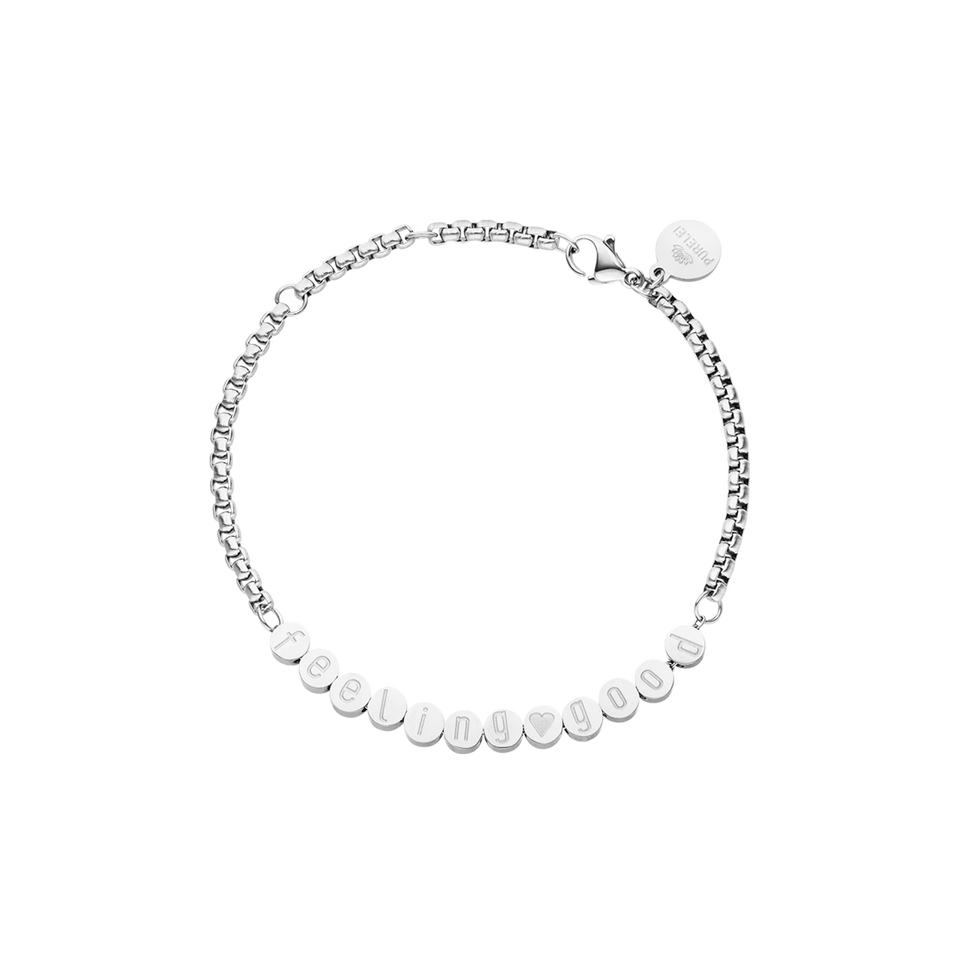 Feel Good Armband aus nickelfreiem, silbernem Edelstahl mit Schriftzug, zart und elegant von PURELEI.