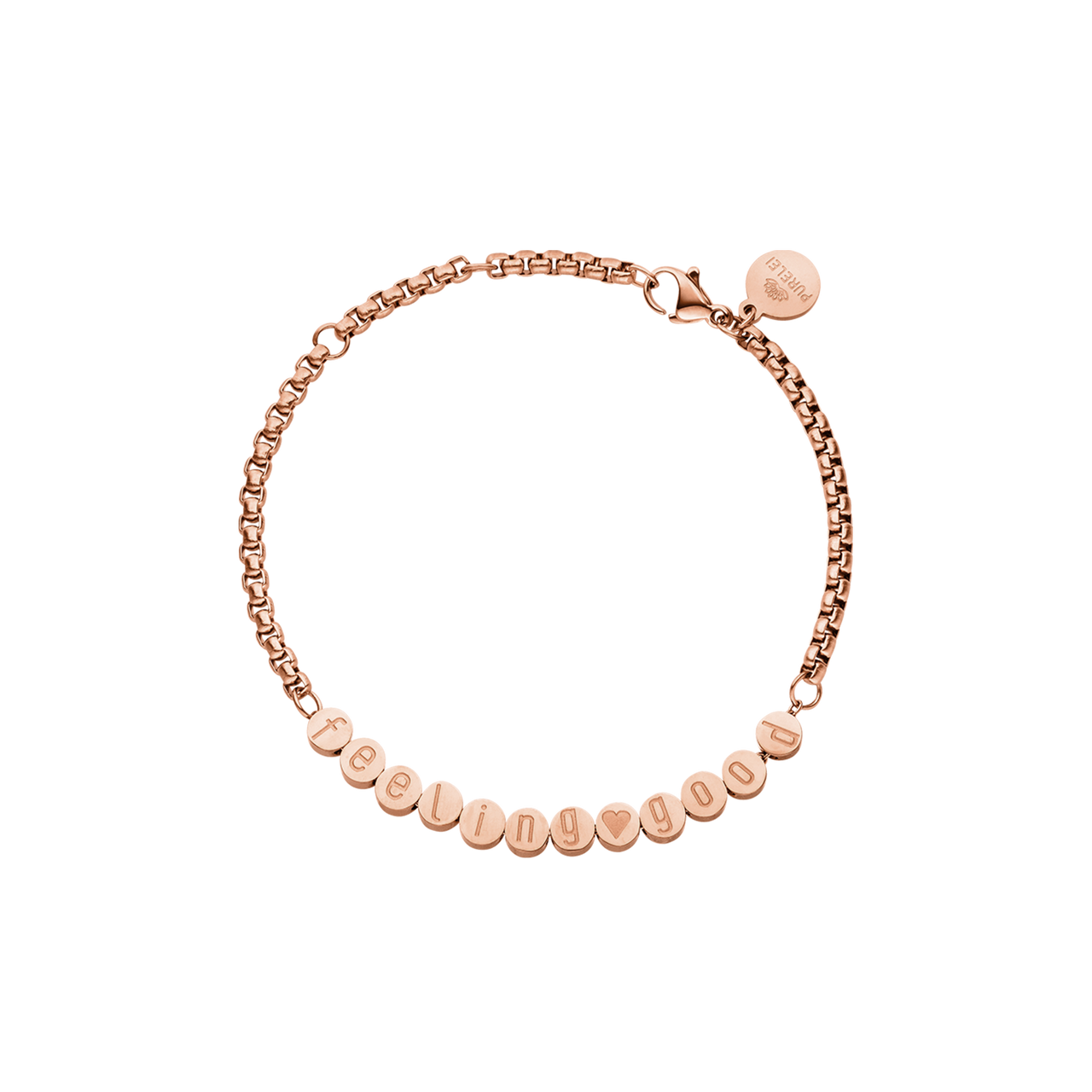 PURELEI Feel Good Armband aus 18K rosévergoldetem Edelstahl, verstellbar, nickelfrei, elegant und feminin.