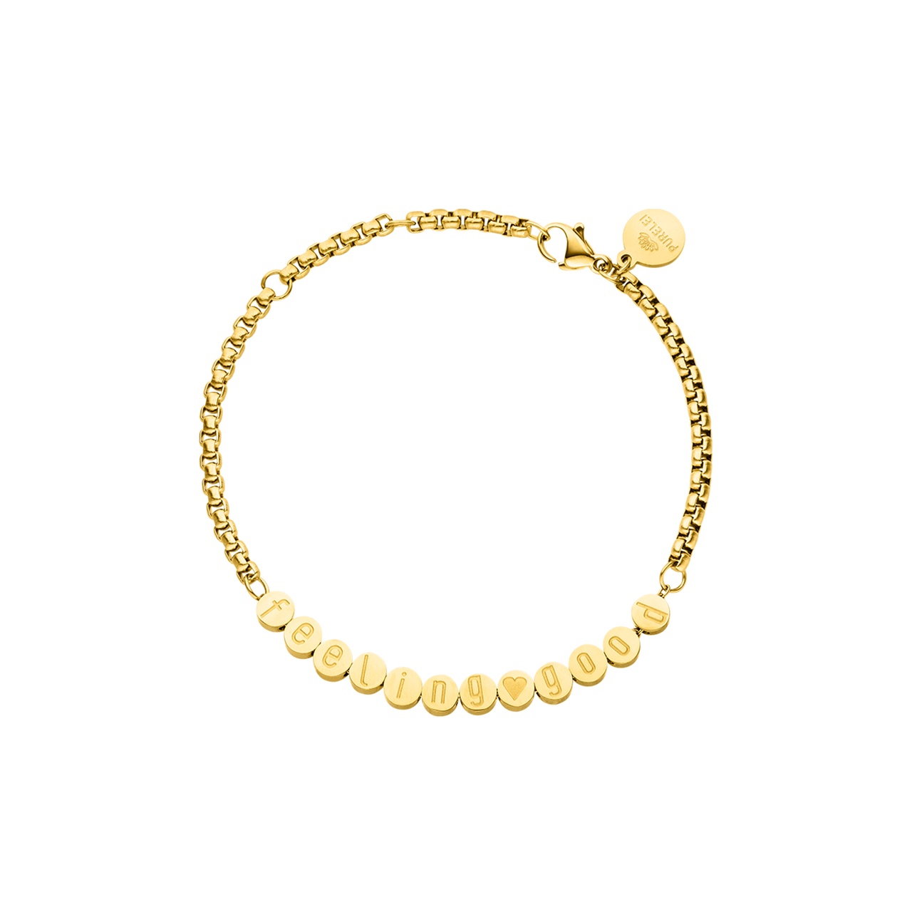Feel Good Armband von PURELEI, 18K vergoldeter Edelstahl mit Schriftzug, elegant und nickelfrei, warmes Design.