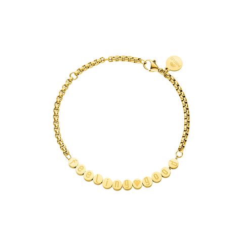 Feel Good Armband von PURELEI, 18K vergoldeter Edelstahl mit Schriftzug, elegant und nickelfrei, warmes Design.