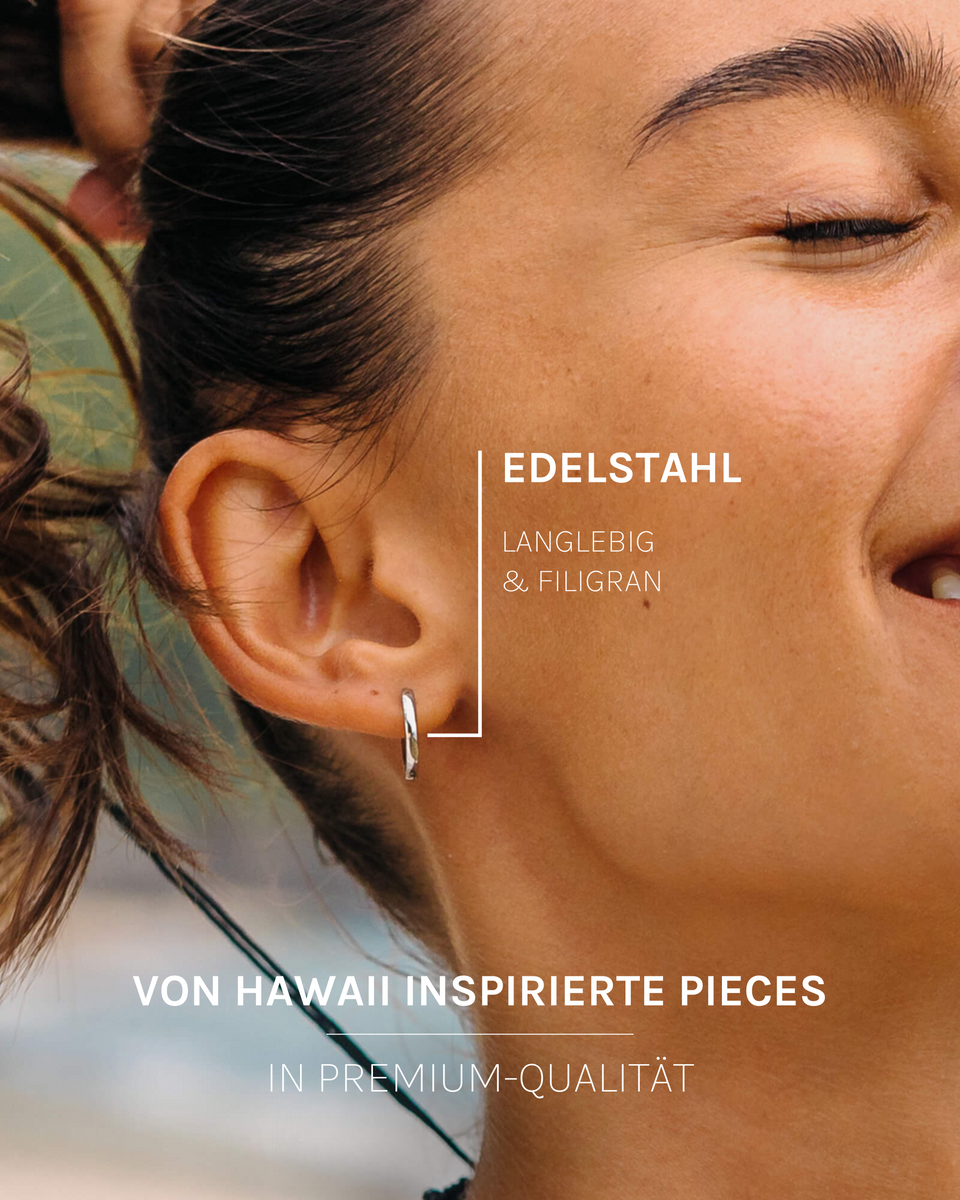 PURELEI Ike Ohrringe aus nickelfreiem Edelstahl, filigrane Creolen, natürliche Eleganz im Alltag getragen.