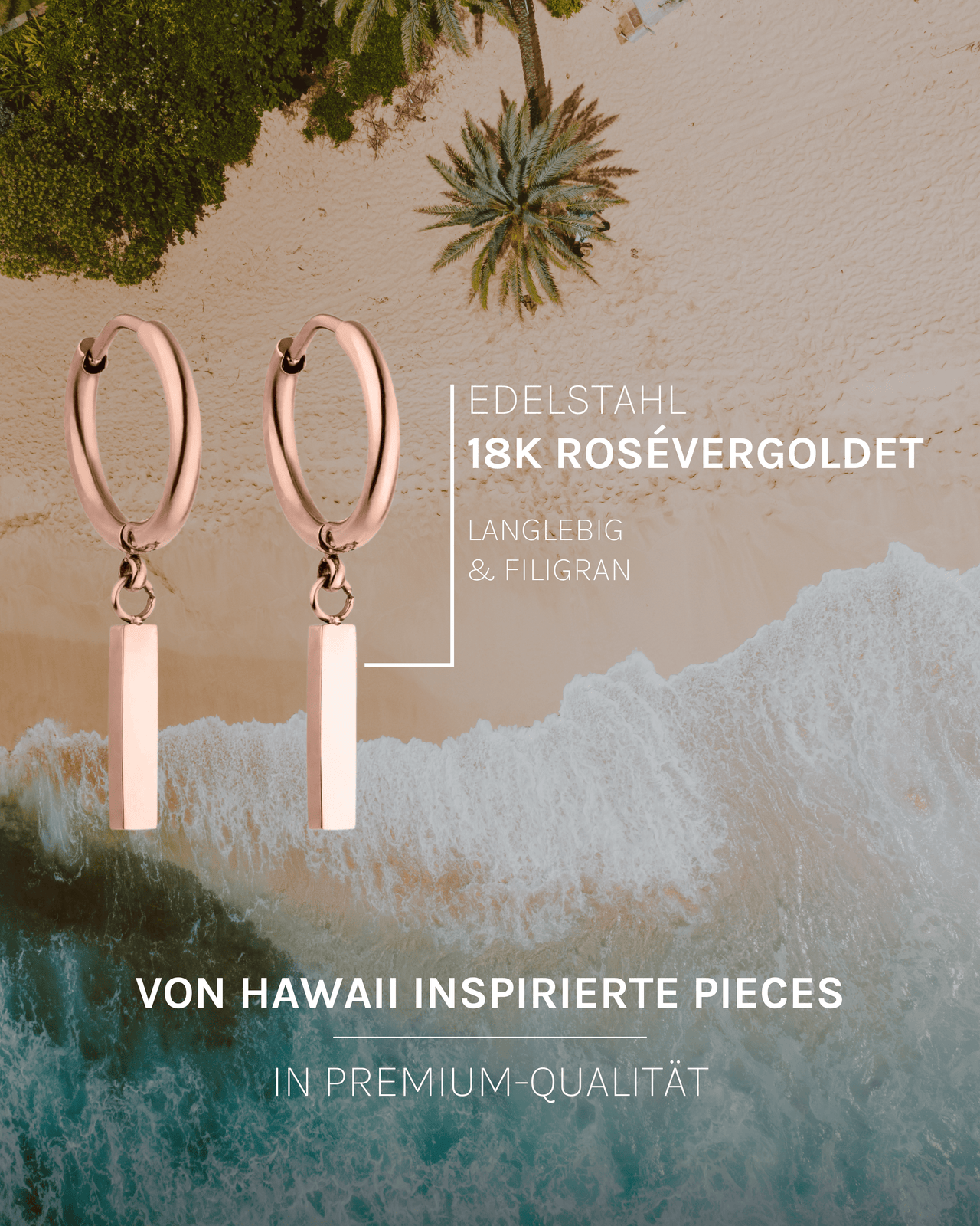 PURELEI Huli Creole Ohrringe aus 18K Roségold mit geometrischem Charm vor Strandkulisse – elegant und feminin.