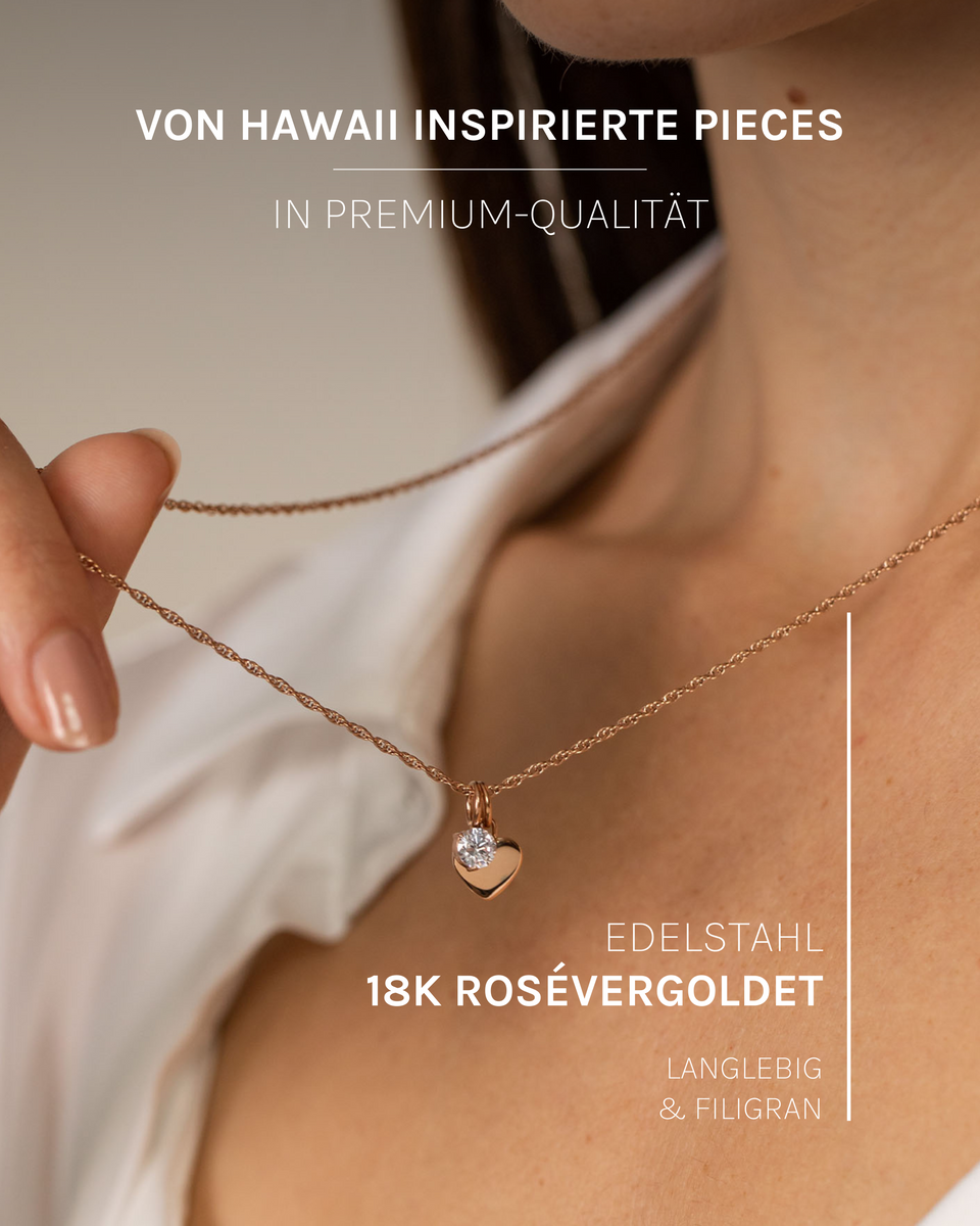Filigrane Brave Kette von PURELEI aus 18K rosévergoldetem Edelstahl mit Herz und Zirkonia-Anhänger, elegant und fein.