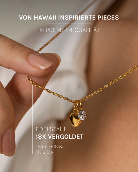 Brave Kette von PURELEI, filigran, 18K goldvergoldet mit Herz- und Zirkonia-Anhänger, elegant und feminin getragen.