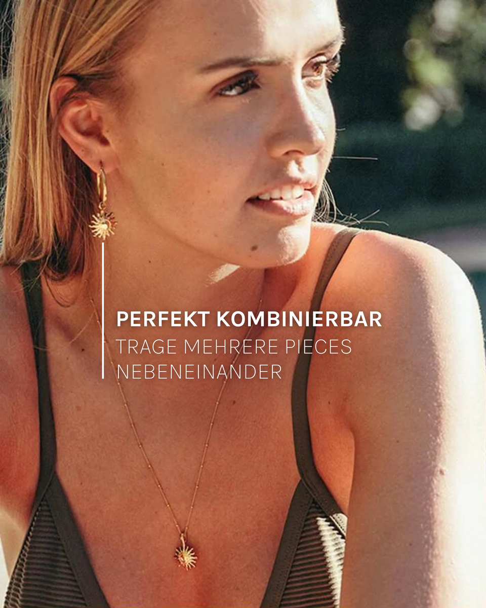 PURELEI Earring Sun goldene Creolen mit Sonnenanhänger, weiblich und elegant, inspiriert von paradiesischer Lebensfreude.