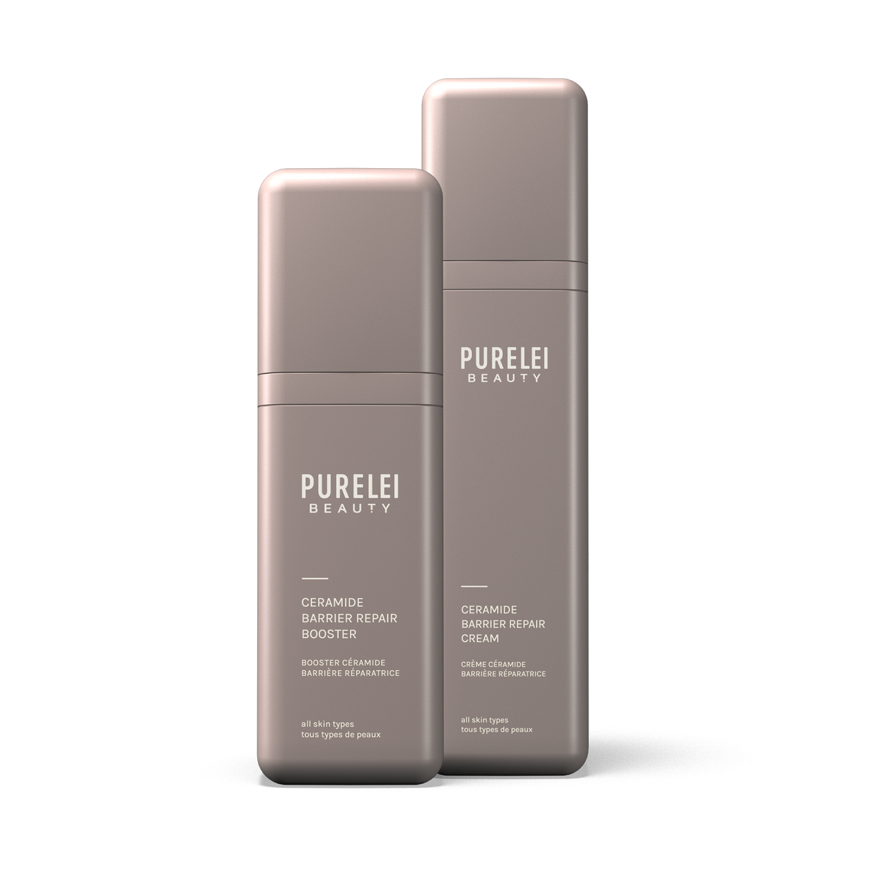 PURELEI Barrier Repair Duo mit Ceramide Booster und Creme in eleganten, matten Flakons für strahlende, gepflegte Haut.