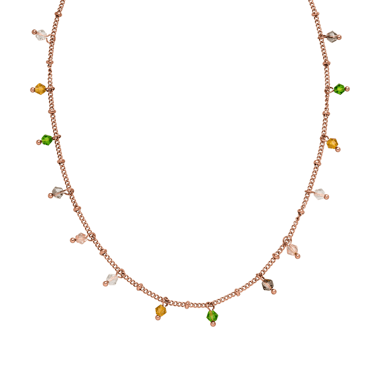 Boho Kette von PURELEI, roségoldene filigrane Kette mit bunten Glasperlen, sommerlich und feminin gestaltet