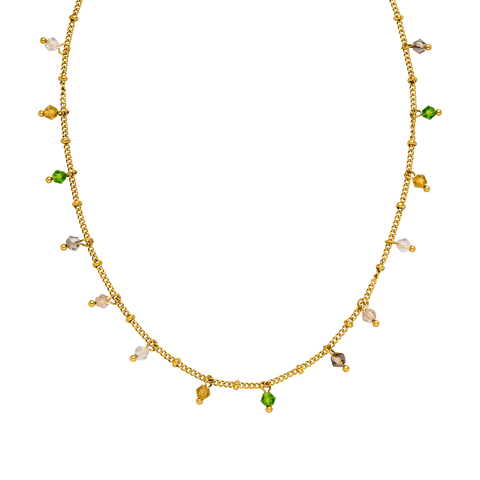 Boho Kette von PURELEI, filigran, 18K vergoldet, bunte Glasperlen, sommerlich, elegant und feminin.
