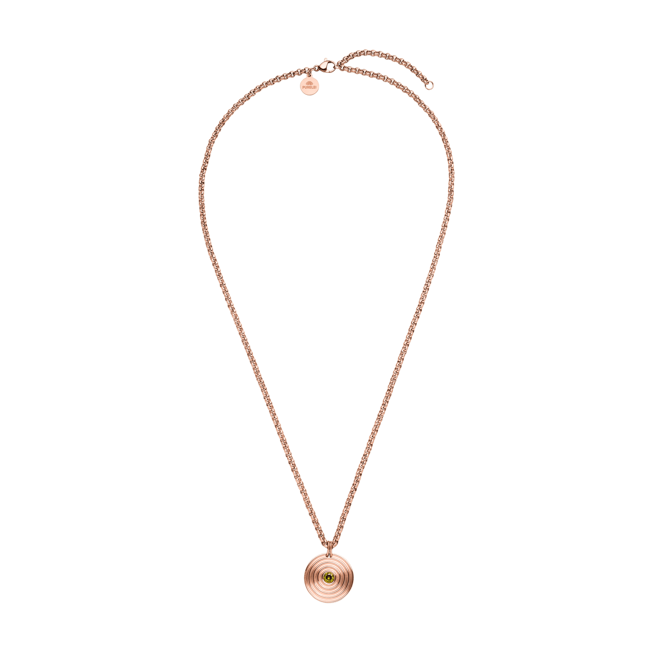 PURELEI Artistic Kette in 18K Roségold mit rundem Anhänger und grünem Zierstein, feminin und elegant.