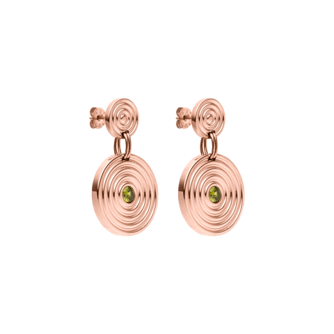 PURELEI Artistic Ohrringe aus 18K Roségold mit kreisförmigem Design und grünem Zirkonia, elegant und feminin.