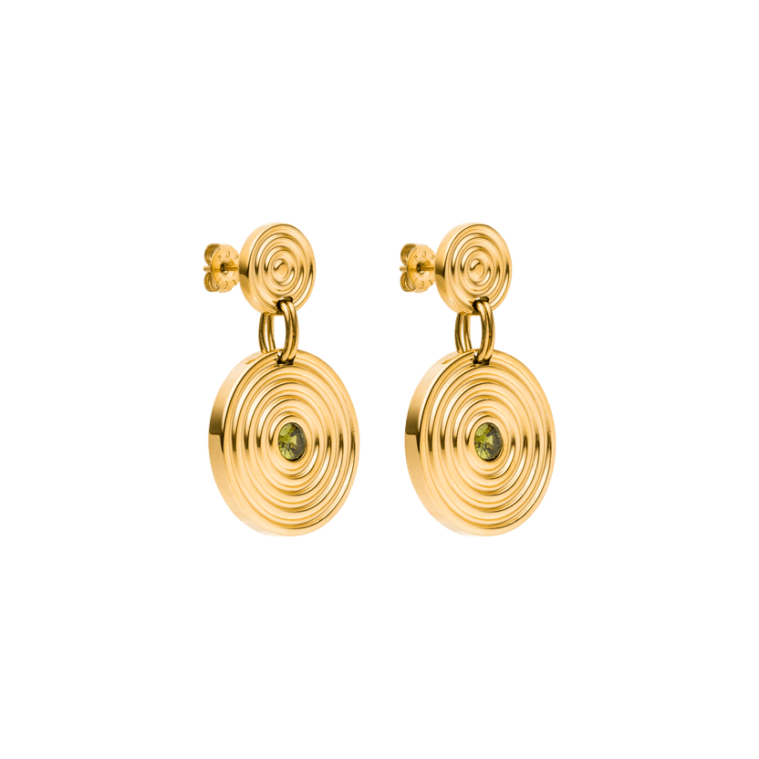 PURELEI Artistic Ohrringe in 18K Gold mit rundem Design und grünem Zierstein, elegant und feminin.