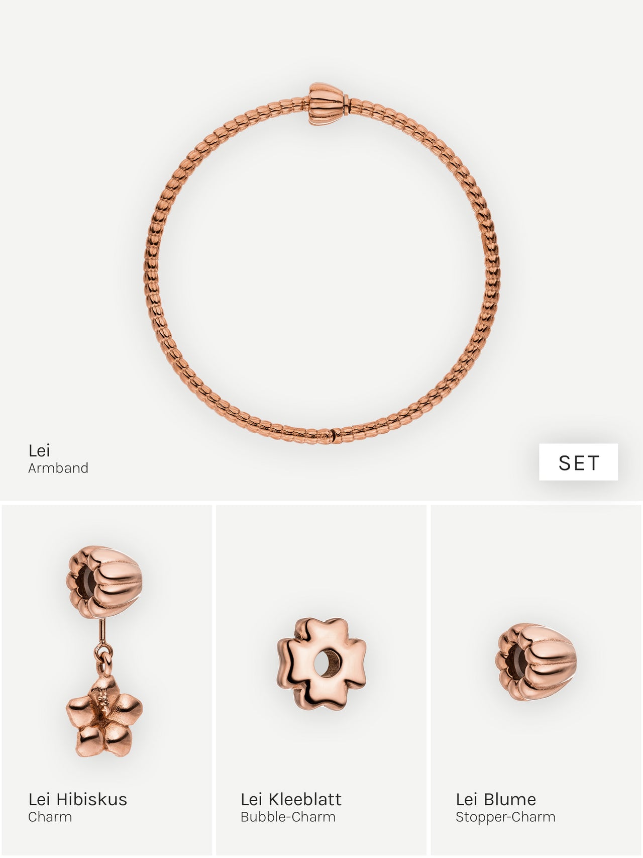 Roségoldenes Armband mit Hibiskus- und Kleeblatt-Charm von PURELEI, elegant und feminin.