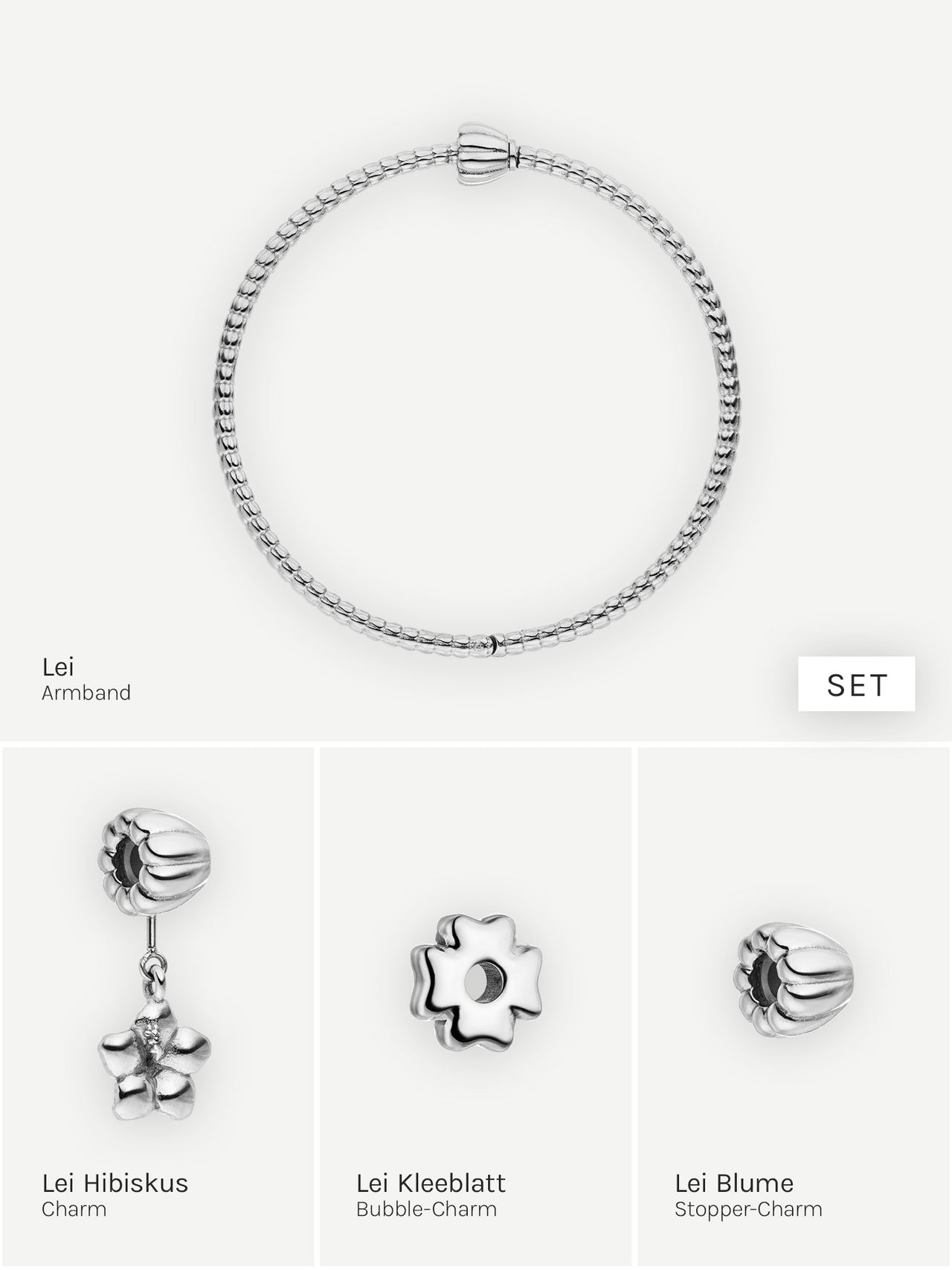 Silbernes Armband mit Hibiskus- und Kleeblatt-Charm von PURELEI, elegant und verspielt.