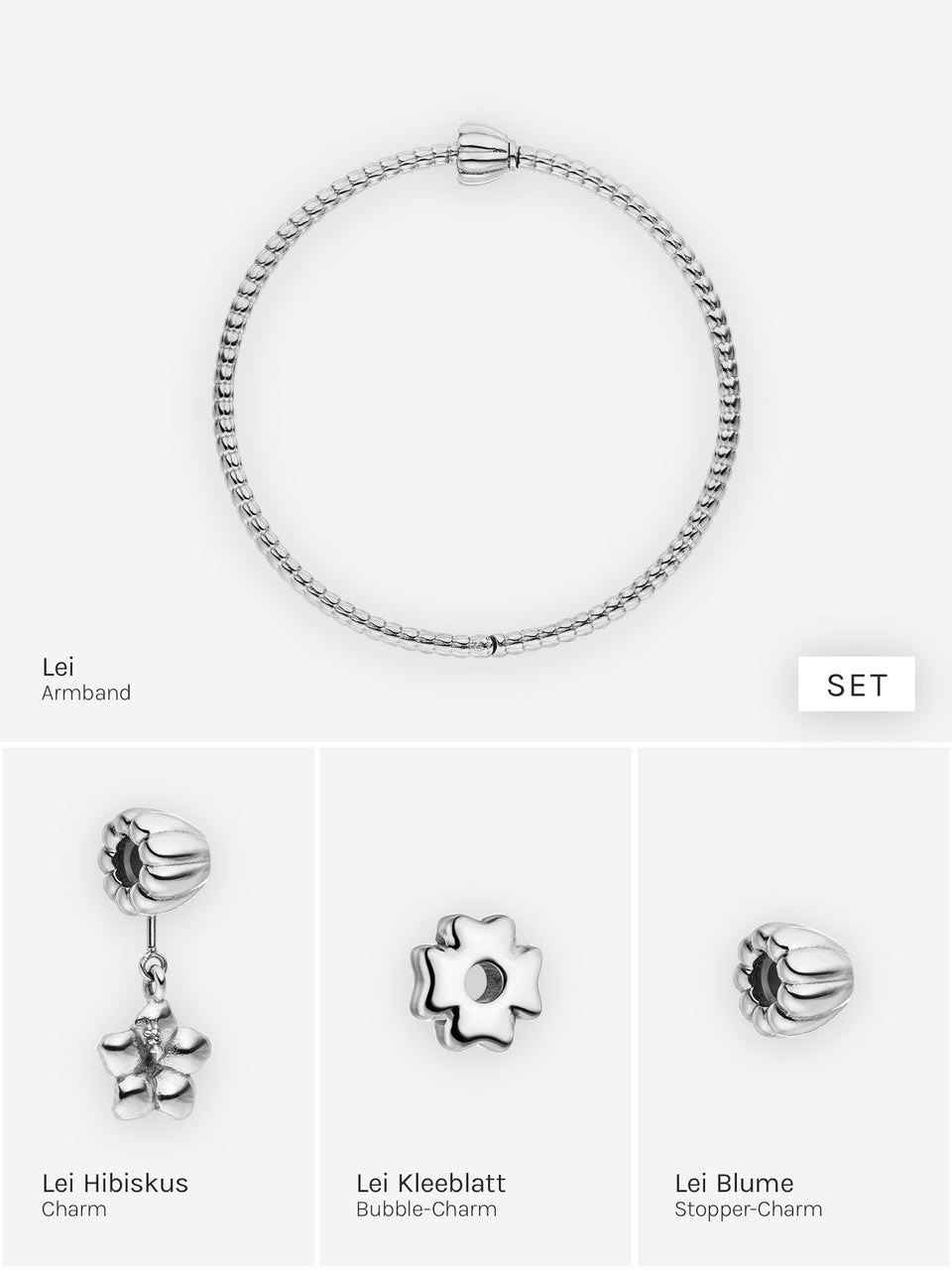 Silbernes Armband mit Hibiskus- und Kleeblatt-Charm von PURELEI, elegant und verspielt.