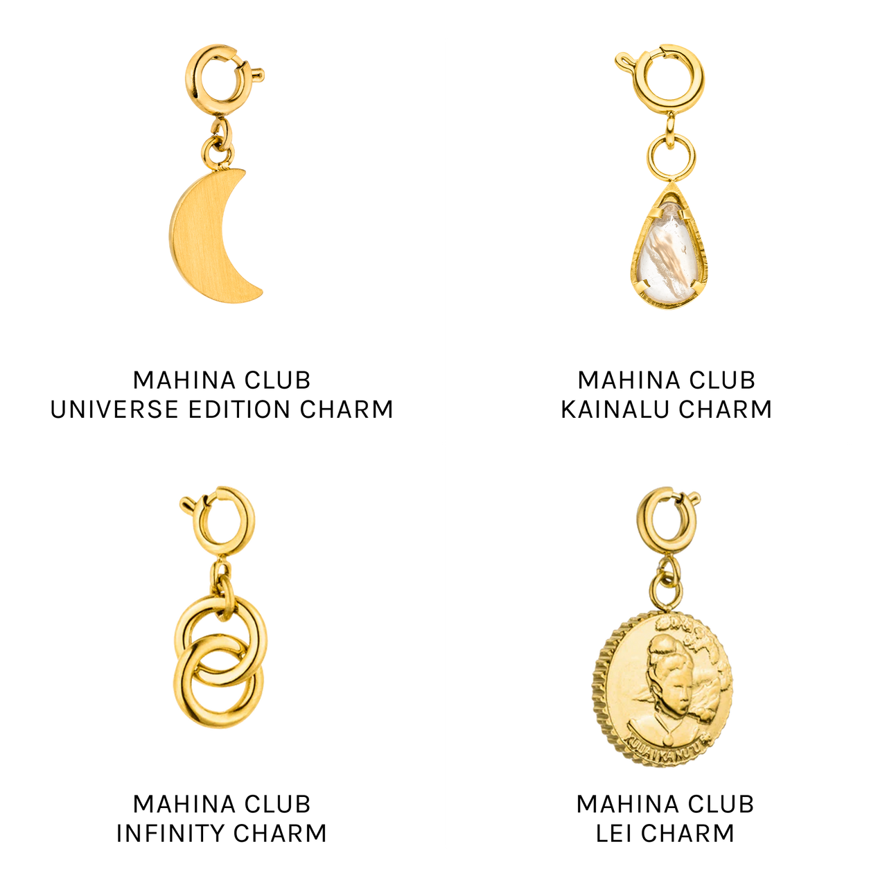 PURELEI Mahina Club Charm Armband mit goldfarbenen Anhängern in Mond- und Münzdesign, elegant und feminin.