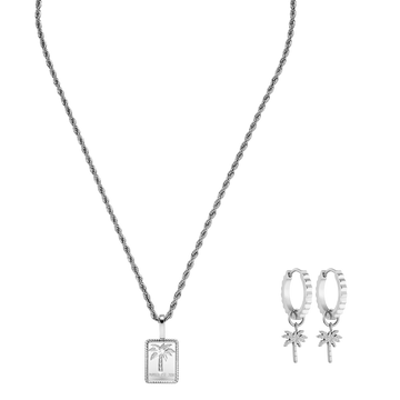 Silberne Kette mit Palmenanhänger und Ohrsteckern von PURELEI, elegant und tropisch.