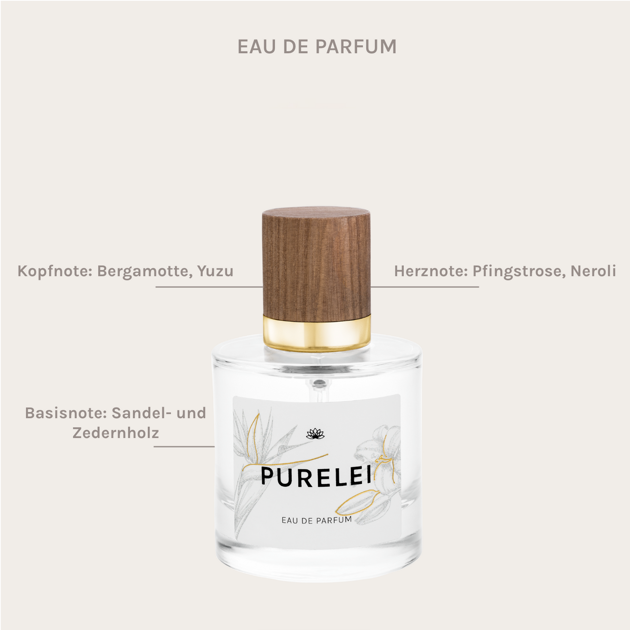 PURELEI Eau de Parfum in klarem Glas mit Holzdeckel, blumig-frischer Duft, elegante und natürliche Ästhetik.