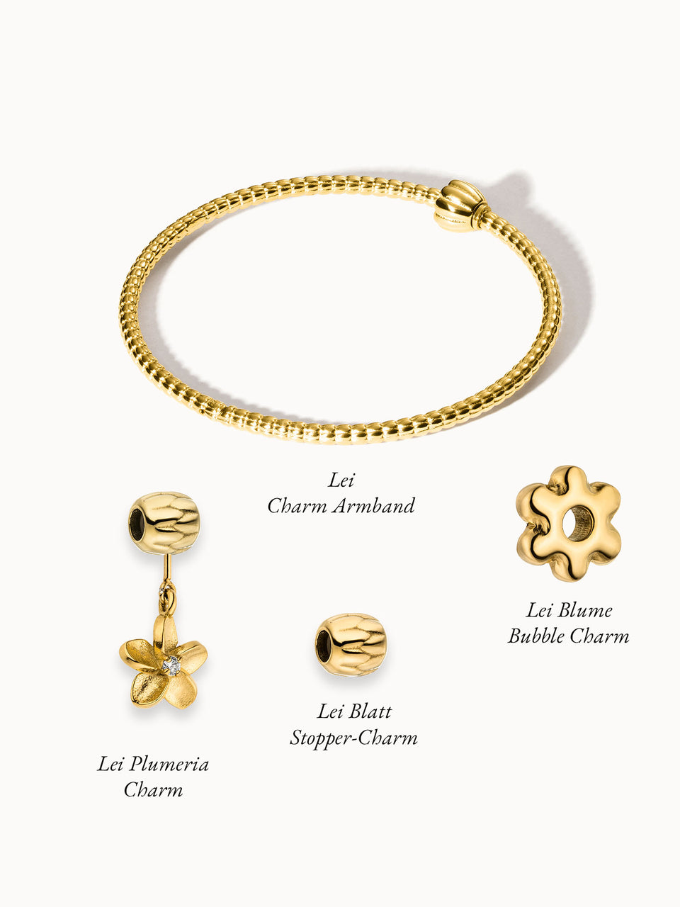 PURELEI Lei Natural Grace Set: 14K vergoldetes Armband mit floralen Charms, elegant und feminin, wasserfest und nickelfrei.