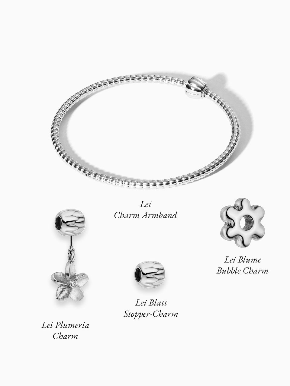 Silbernes PURELEI Lei Natural Grace Set mit filigranem Charm-Armband und floralen Anhängern, elegant und nickelfrei.