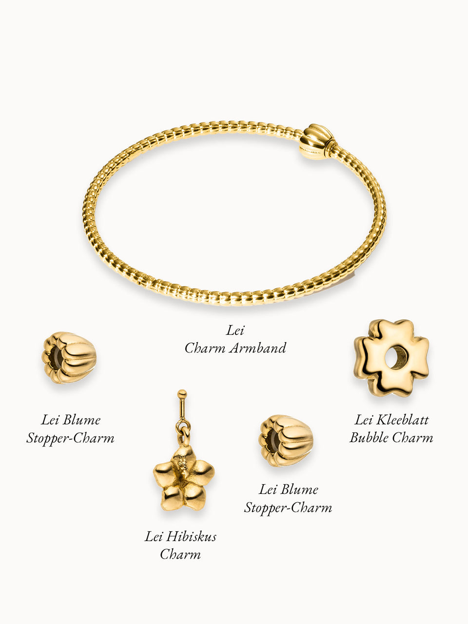 PURELEI Lei Floral Dreams Set aus goldfarbenem Edelstahl mit floralen Charms, elegant und nickelfrei gestaltet.