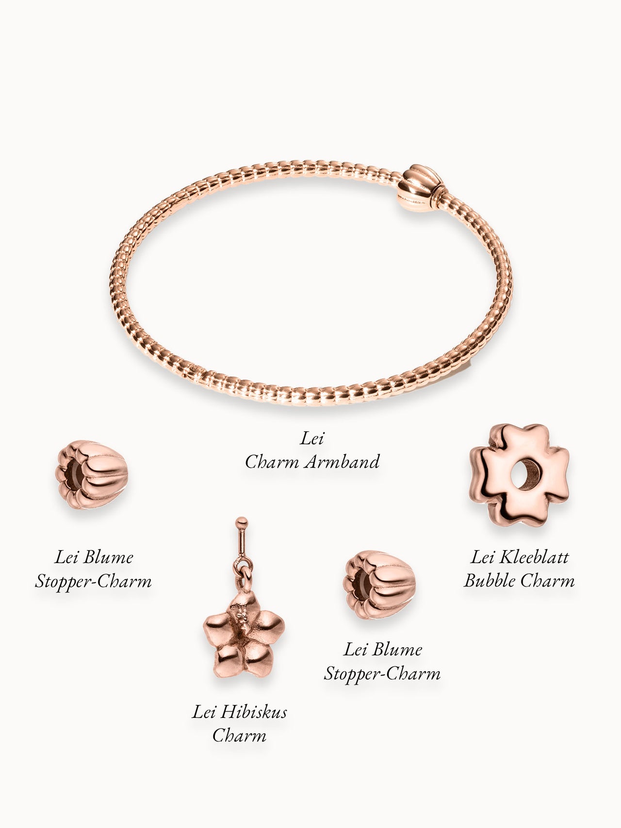Roségoldenes PURELEI Lei Floral Dreams Set mit Charm-Armband und floralen Charms, elegant und nickelfrei.