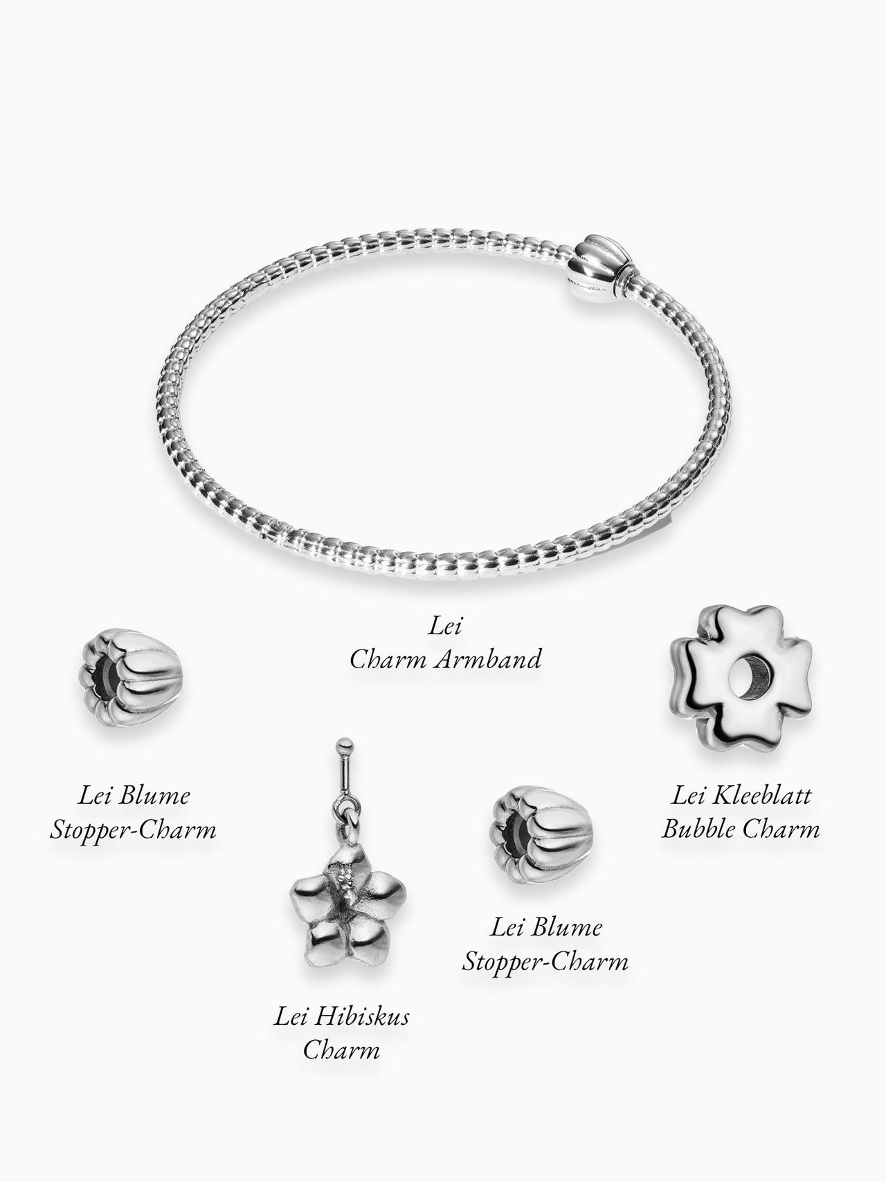 PURELEI Lei Floral Dreams Set mit nickelfreiem silbernem Charm-Armband und floralen Charms, elegant kombiniert.