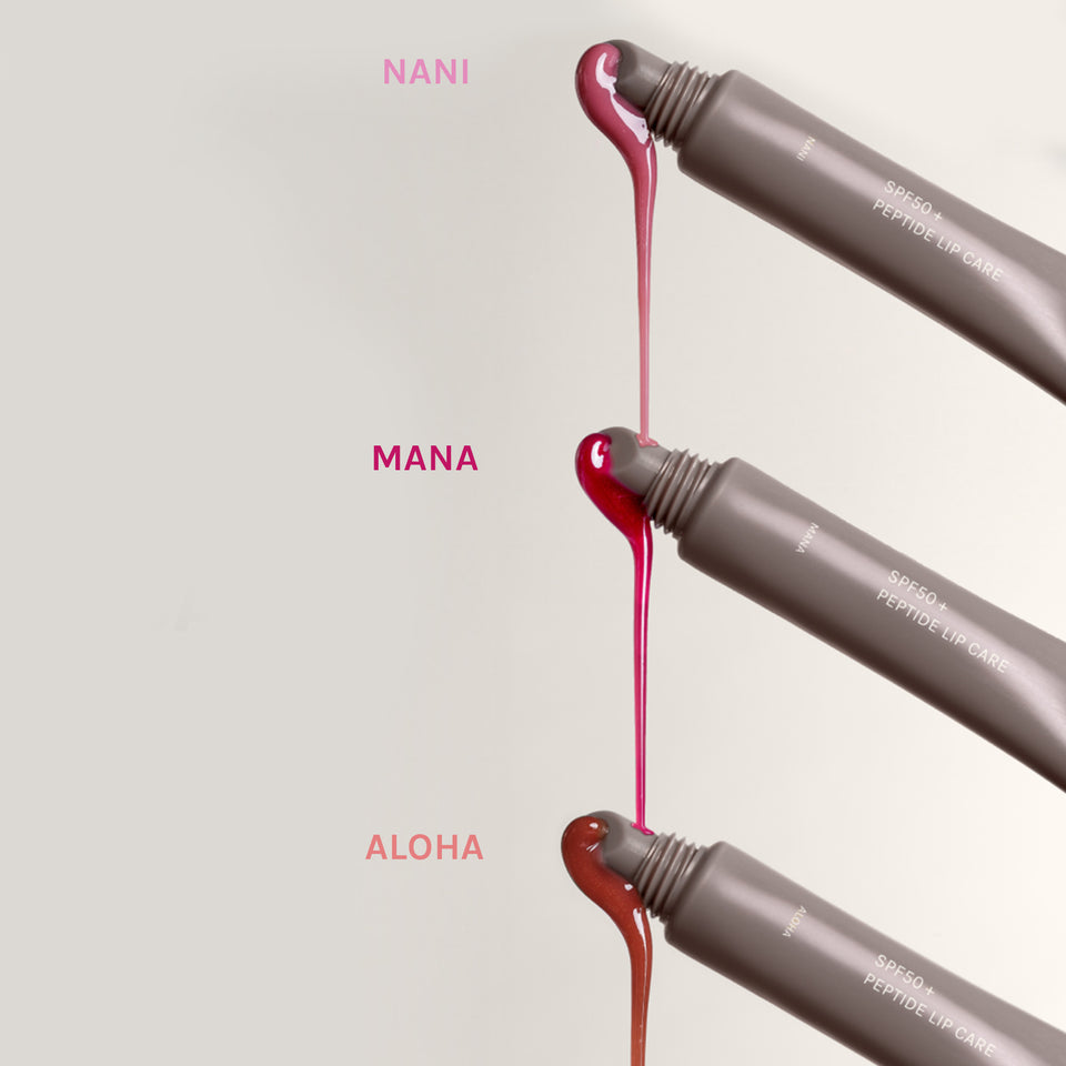 PURELEI SPF50+ Triple Lip Care Set mit dreifarbiger Lippenpflege in Rosé, Beere und Nude, glänzend und pflegend.