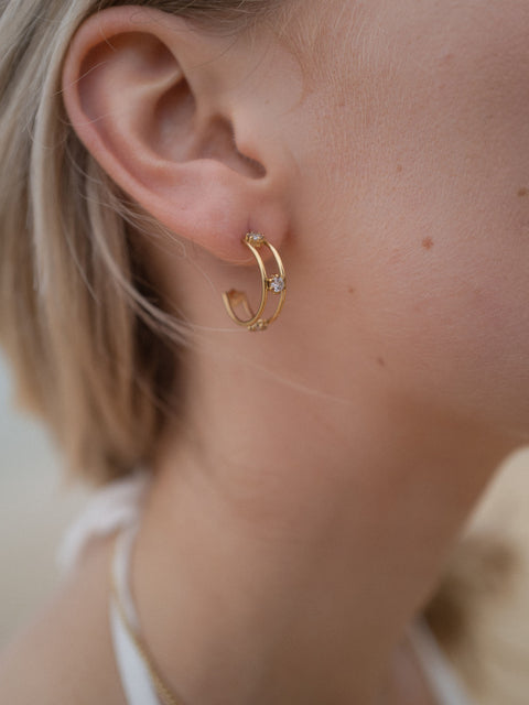 Roségoldene Creolen mit funkelnden Details, getragen am Ohr, von PURELEI.