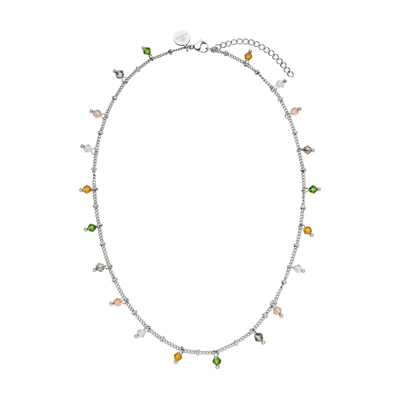 PURELEI Boho Kette aus silbernem Edelstahl mit bunten Glasperlen, filigran und sommerlich-leicht gestaltet.