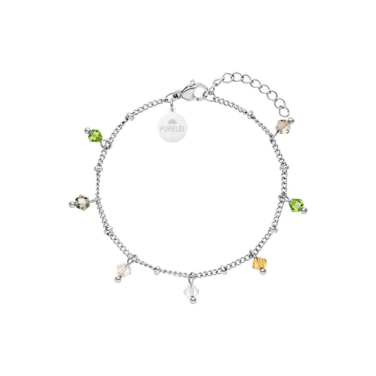 Boho Armband von PURELEI, filigranes silbernes Edelstahlarmband mit bunten Glasperlen, leichte Sommerästhetik.