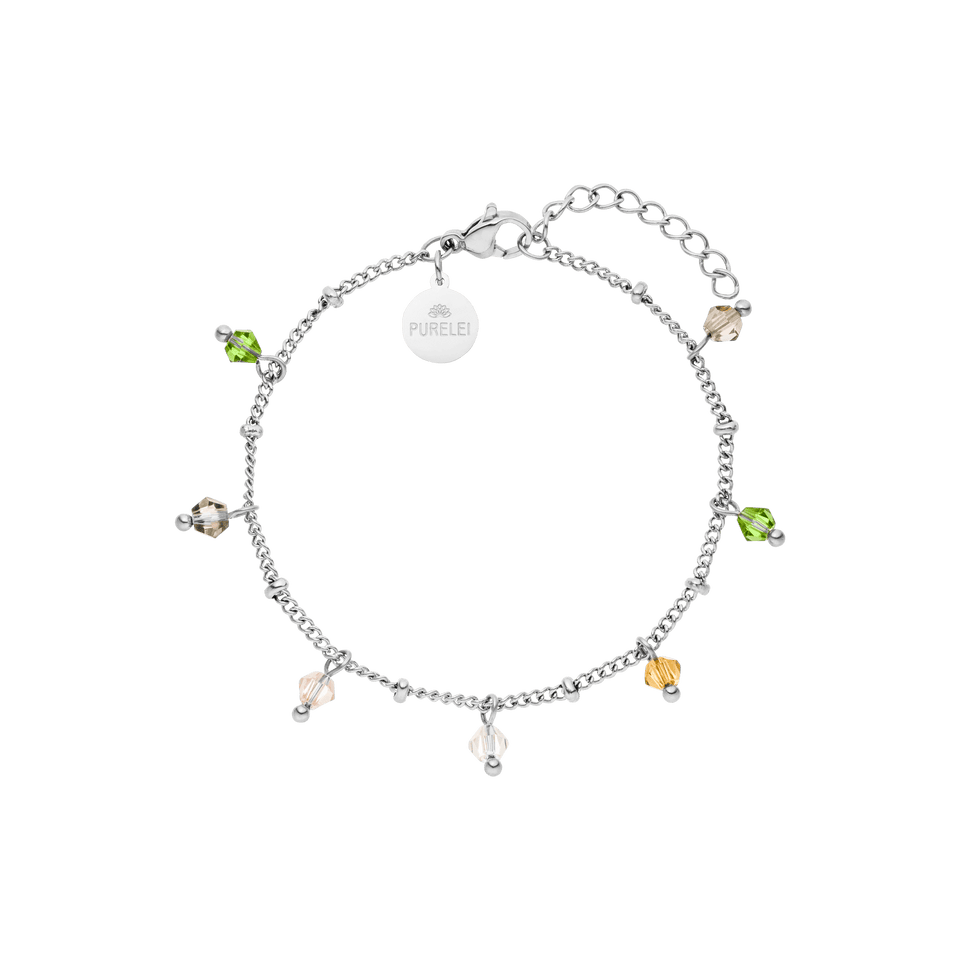 Boho Armband von PURELEI, filigranes silbernes Edelstahlarmband mit bunten Glasperlen, leichte Sommerästhetik.