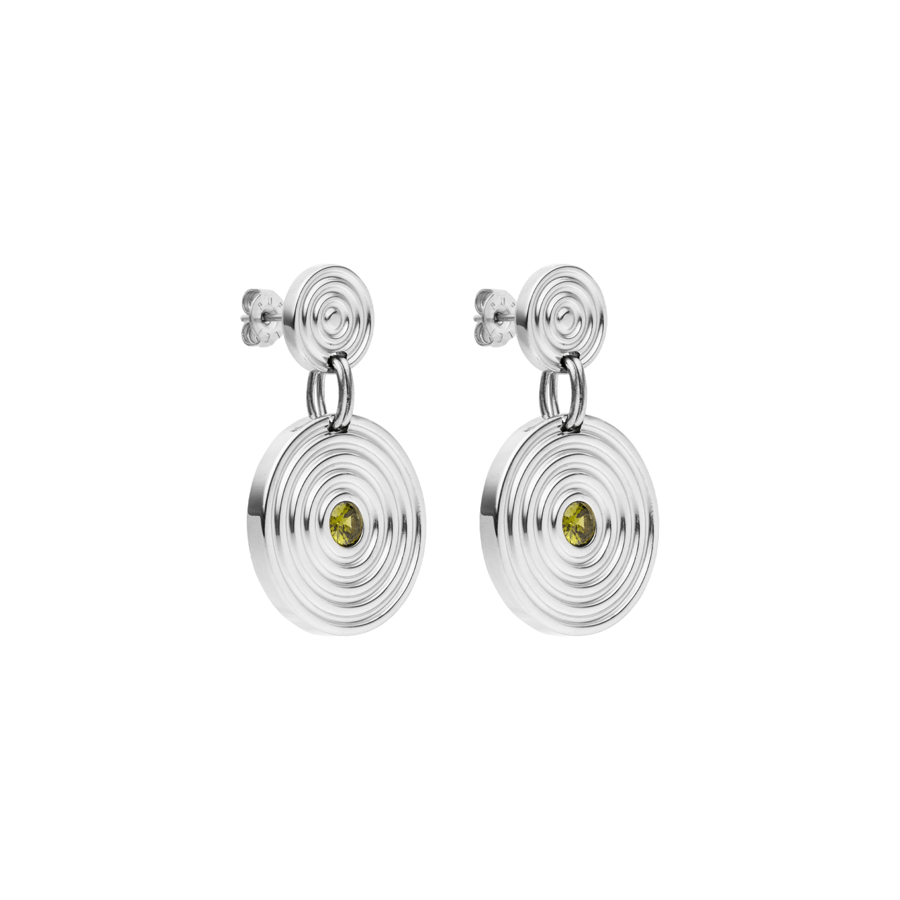 Artistic Ohrringe aus nickelfreiem Silber mit runden Kreisen und grünem Zierstein, pure, elegante Ästhetik von PURELEI
