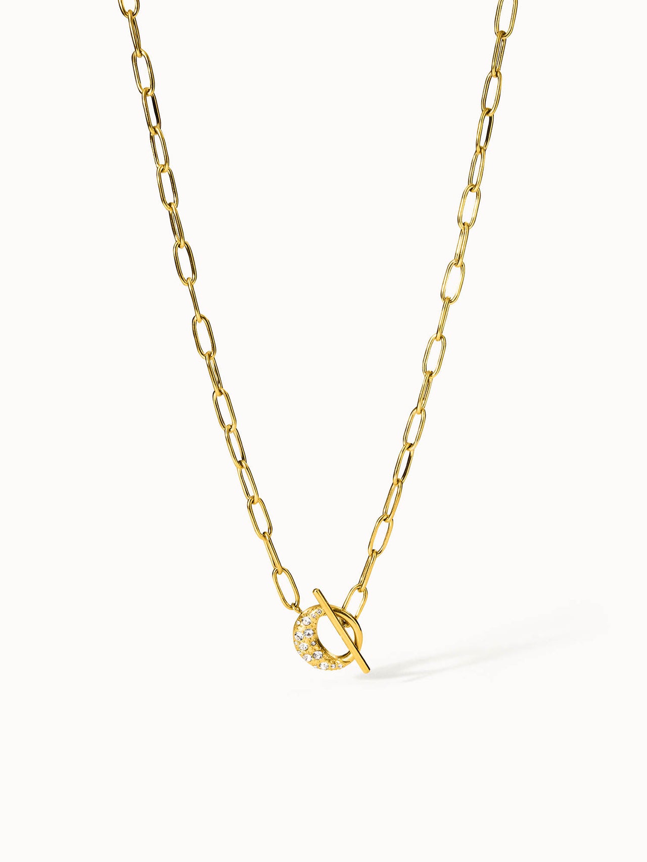 PURELEI Air Schmuckset, goldene Kette mit Mond-Knebelverschluss und funkelnden Kristallen, elegant und nickelfrei