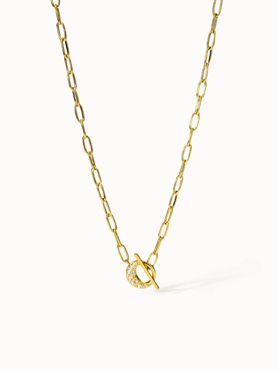 PURELEI Air Schmuckset, goldene Kette mit Mond-Knebelverschluss und funkelnden Kristallen, elegant und nickelfrei