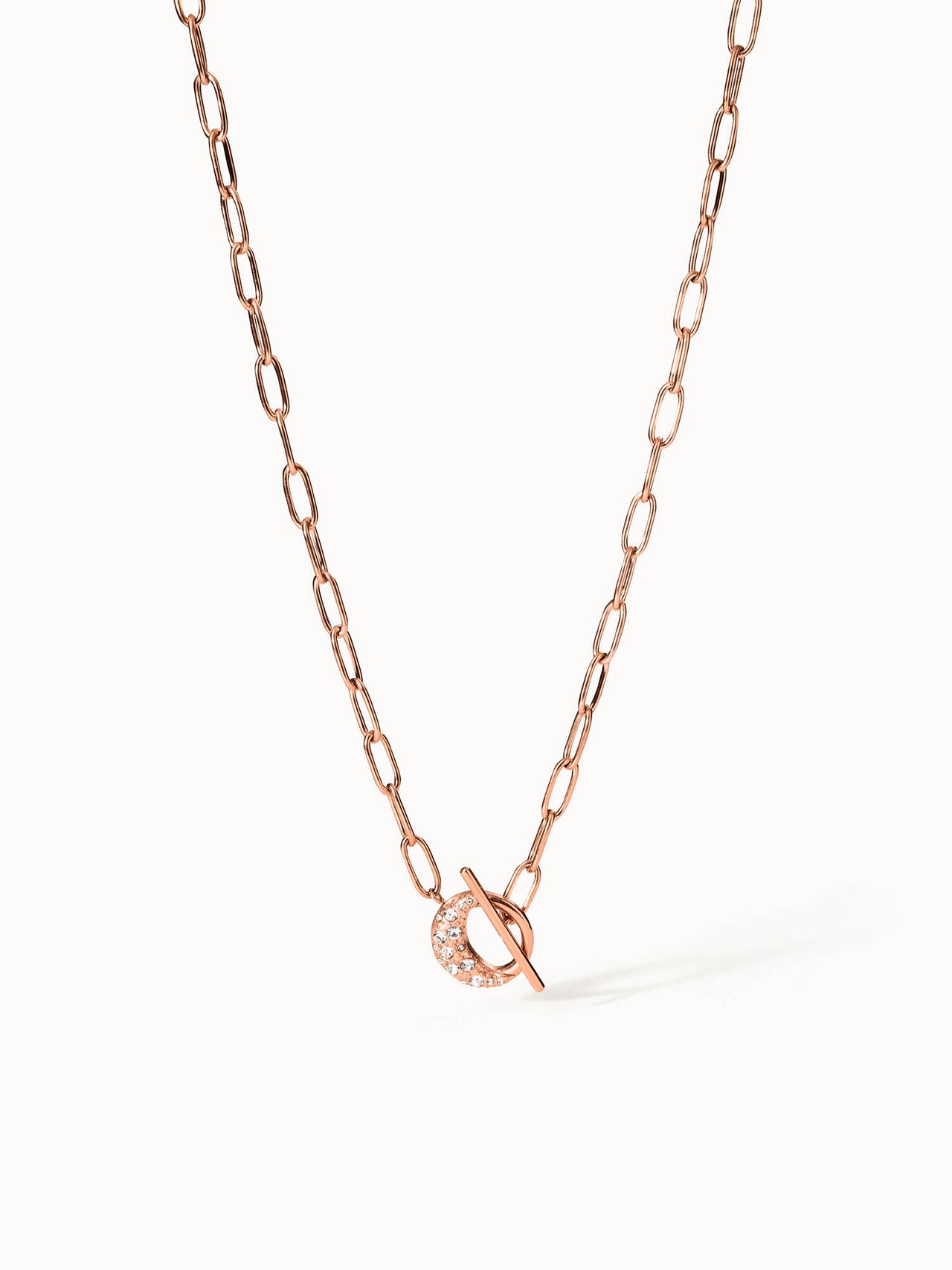 Roségoldene, nickelfreie PURELEI Kette mit funkelndem Mondverschluss in filigraner Kettengliederstruktur, elegant minimalistisch.