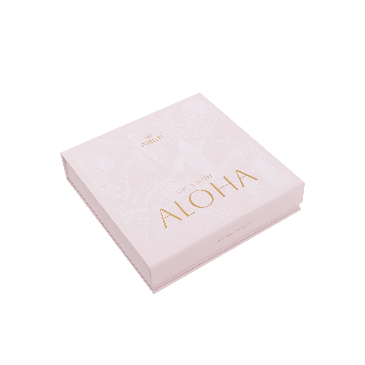 Aloha Geschenkbox für 4 Produkte in zartem Rosé mit tropischem Print und goldveredelter PURELEI Schrift elegant verpackt.